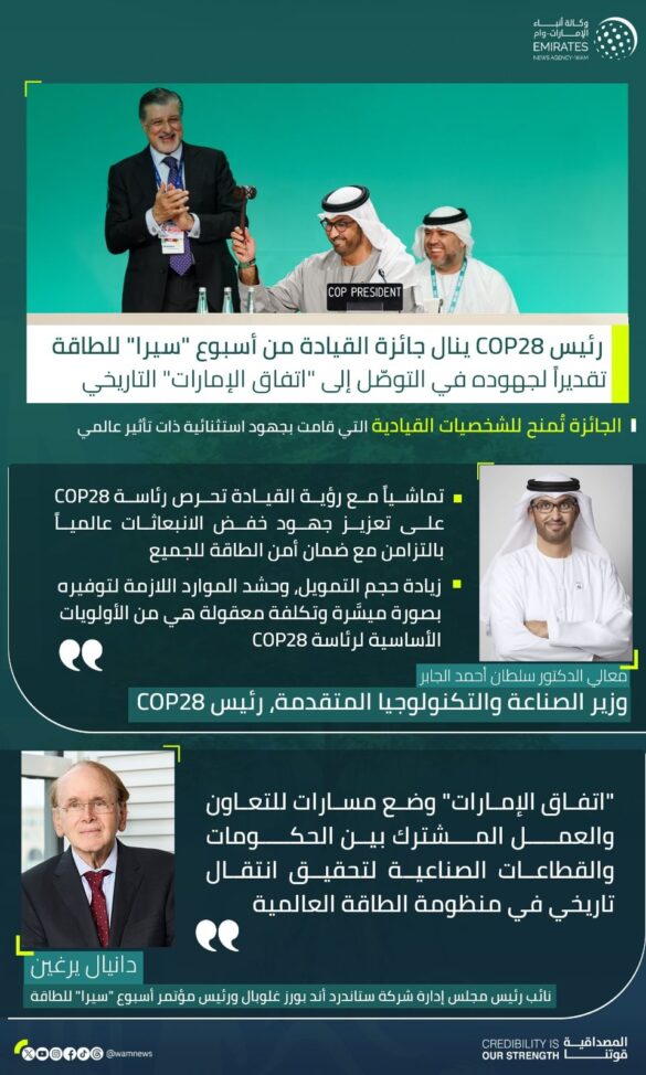 Cop28 ينال جائزة القيادة من أسبوع سيرا للطاقة تقديراً لجهوده في التوصّل إلى اتفاق الإمارات التاريخي